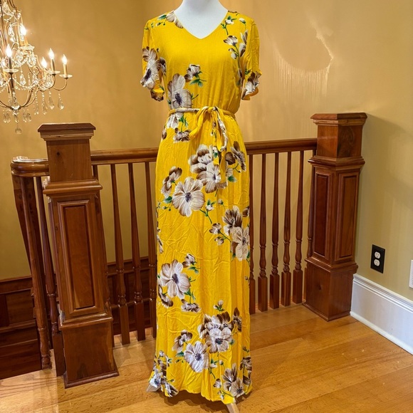 Maxi Dress DAVI & DANI Hawaiian Yellow Wrap with Flutter Sleeves Tropical Pool - Picture 1 of 11